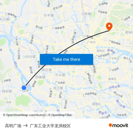 高明广场 to 广东工业大学龙洞校区 map