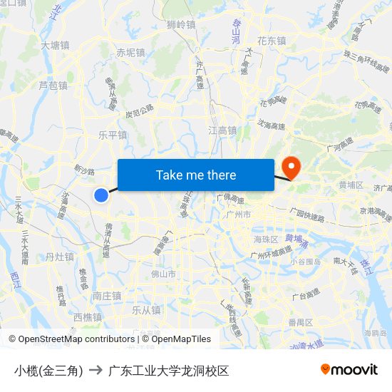 小榄(金三角) to 广东工业大学龙洞校区 map