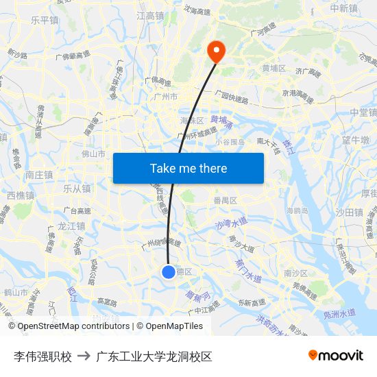 李伟强职校 to 广东工业大学龙洞校区 map