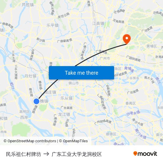 民乐祖仁村牌坊 to 广东工业大学龙洞校区 map