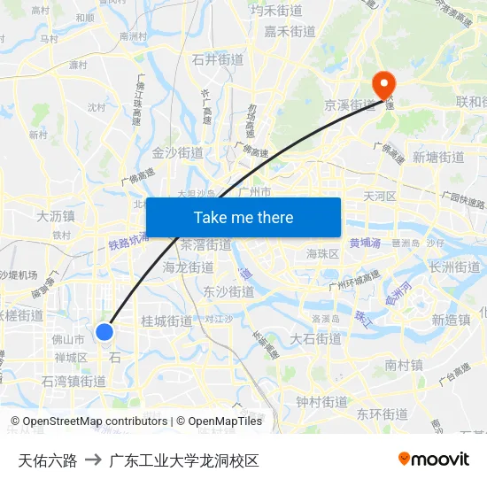 天佑六路 to 广东工业大学龙洞校区 map
