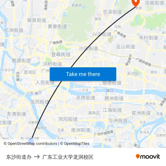东沙街道办 to 广东工业大学龙洞校区 map