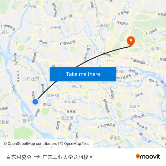 百东村委会 to 广东工业大学龙洞校区 map