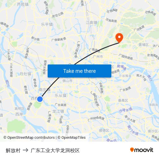 解放村 to 广东工业大学龙洞校区 map
