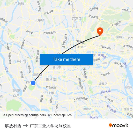 解放村西 to 广东工业大学龙洞校区 map