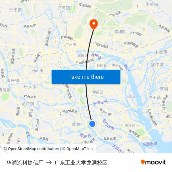 华润涂料捷信厂 to 广东工业大学龙洞校区 map