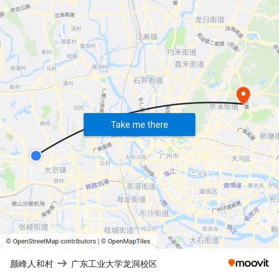 颜峰人和村 to 广东工业大学龙洞校区 map