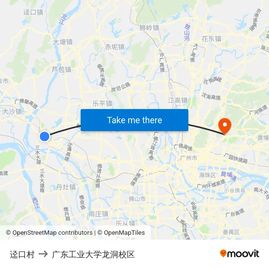迳口村 to 广东工业大学龙洞校区 map