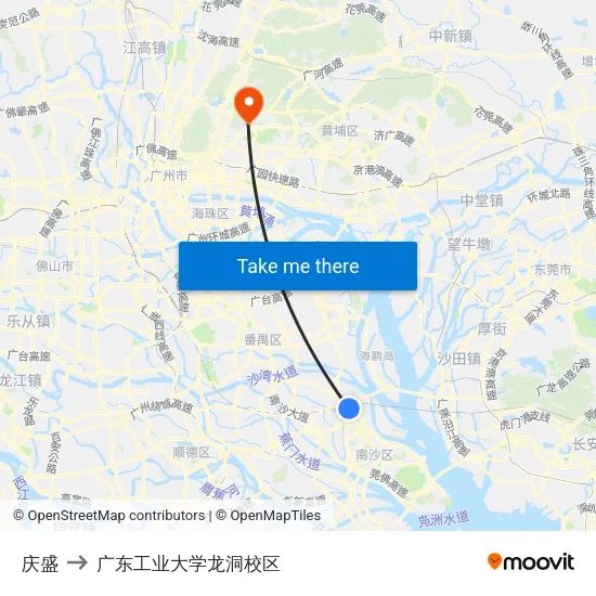 庆盛 to 广东工业大学龙洞校区 map