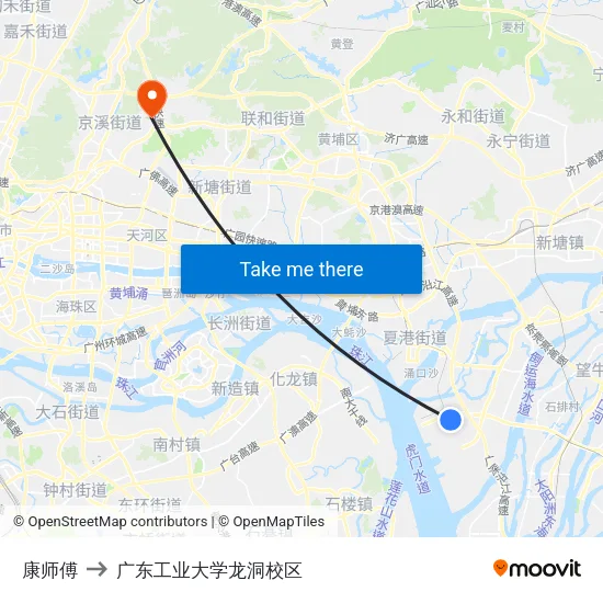 康师傅 to 广东工业大学龙洞校区 map