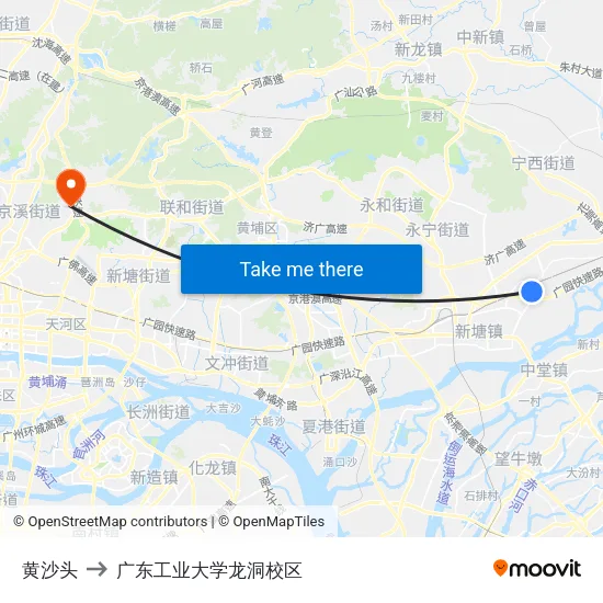 黄沙头 to 广东工业大学龙洞校区 map