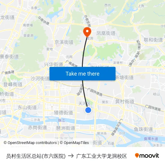员村生活区总站(市六医院) to 广东工业大学龙洞校区 map