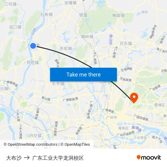 大布沙 to 广东工业大学龙洞校区 map