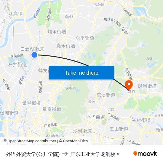 外语外贸大学(公开学院) to 广东工业大学龙洞校区 map