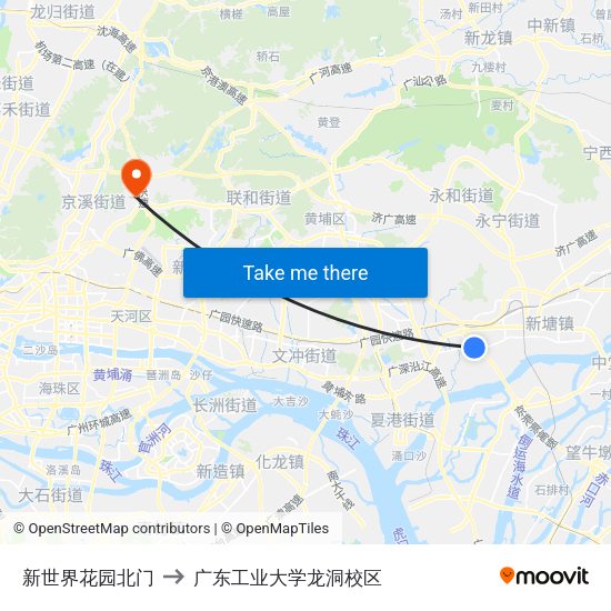 新世界花园北门 to 广东工业大学龙洞校区 map