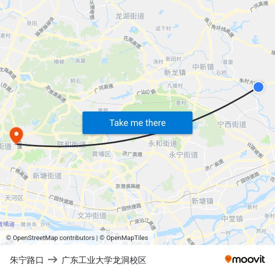 朱宁路口 to 广东工业大学龙洞校区 map