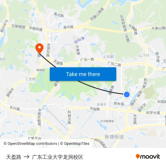 天盈路 to 广东工业大学龙洞校区 map
