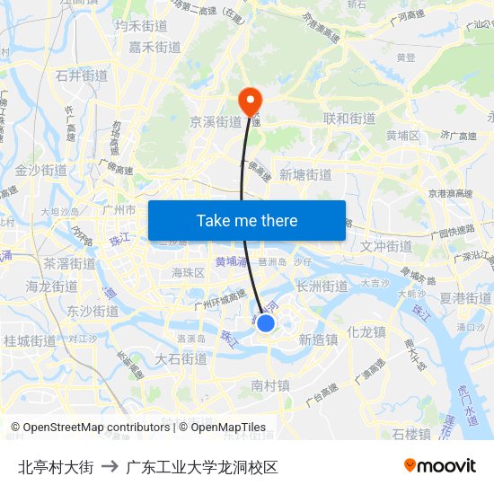 北亭村大街 to 广东工业大学龙洞校区 map