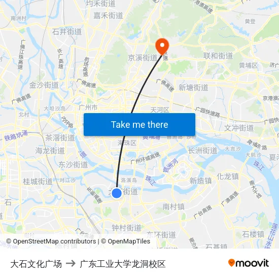 大石文化广场 to 广东工业大学龙洞校区 map