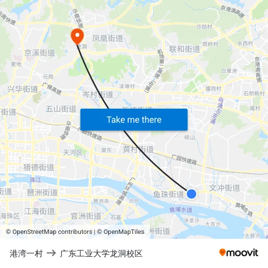 港湾一村 to 广东工业大学龙洞校区 map