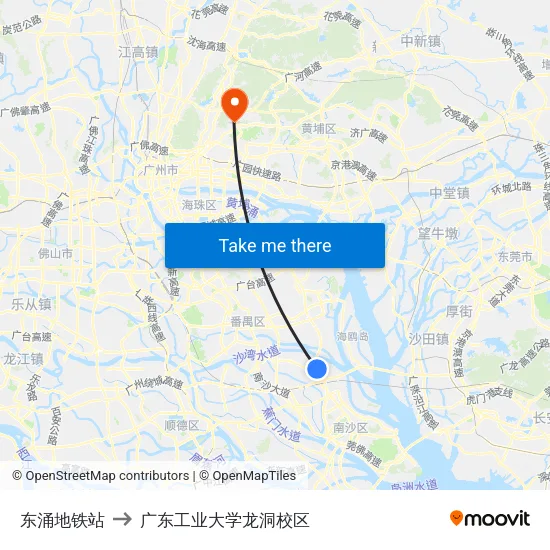 东涌地铁站 to 广东工业大学龙洞校区 map