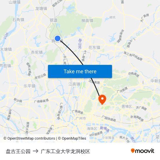 盘古王公园 to 广东工业大学龙洞校区 map