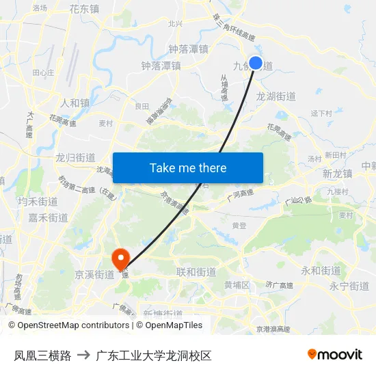 凤凰三横路 to 广东工业大学龙洞校区 map