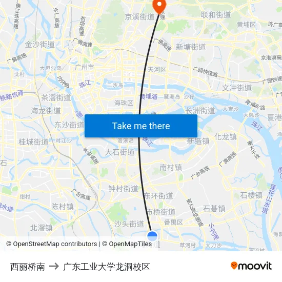 西丽桥南 to 广东工业大学龙洞校区 map