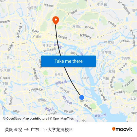 黄阁医院 to 广东工业大学龙洞校区 map