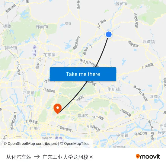 从化汽车站 to 广东工业大学龙洞校区 map
