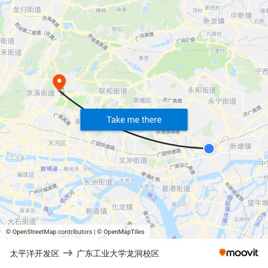 太平洋开发区 to 广东工业大学龙洞校区 map