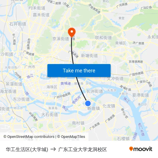 华工生活区(大学城) to 广东工业大学龙洞校区 map