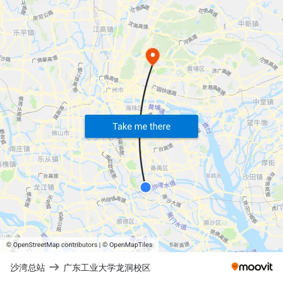 沙湾总站 to 广东工业大学龙洞校区 map
