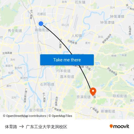 体育路 to 广东工业大学龙洞校区 map