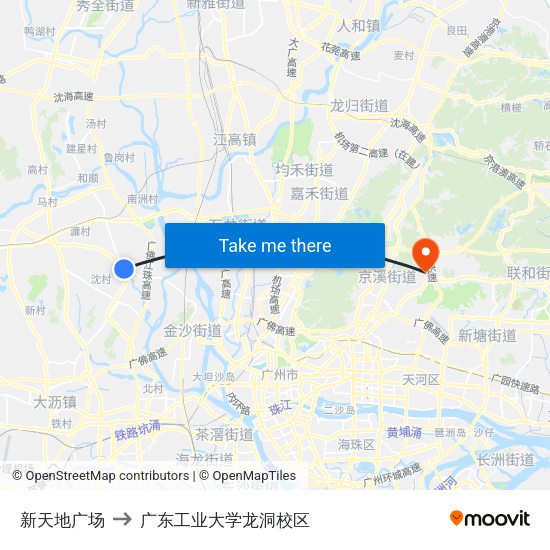 新天地广场 to 广东工业大学龙洞校区 map