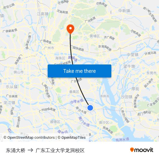 东涌大桥 to 广东工业大学龙洞校区 map