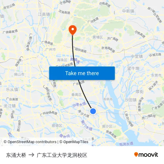 东涌大桥 to 广东工业大学龙洞校区 map