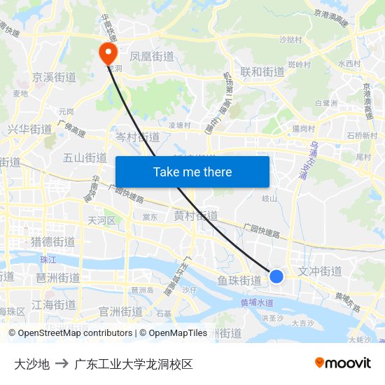 大沙地 to 广东工业大学龙洞校区 map