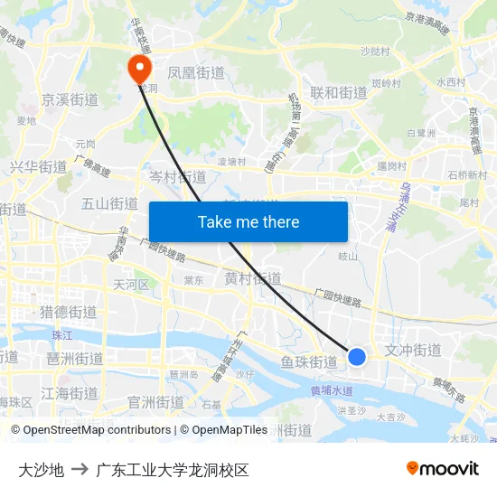 大沙地 to 广东工业大学龙洞校区 map