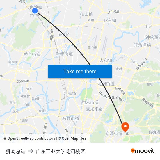 狮岭总站 to 广东工业大学龙洞校区 map