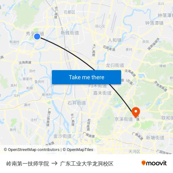 岭南第一技师学院 to 广东工业大学龙洞校区 map