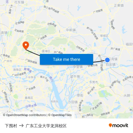 下围村 to 广东工业大学龙洞校区 map