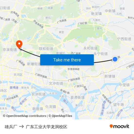 雄兵厂 to 广东工业大学龙洞校区 map
