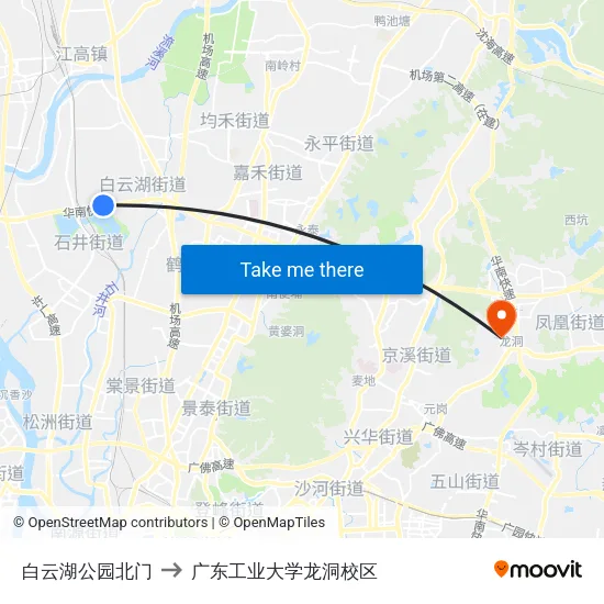 白云湖公园北门 to 广东工业大学龙洞校区 map