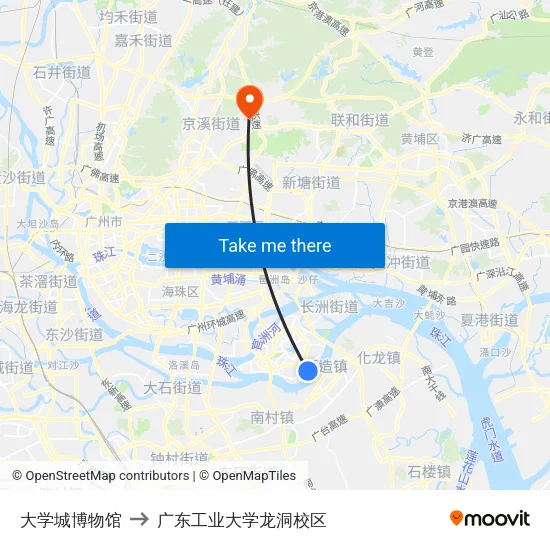 大学城博物馆 to 广东工业大学龙洞校区 map