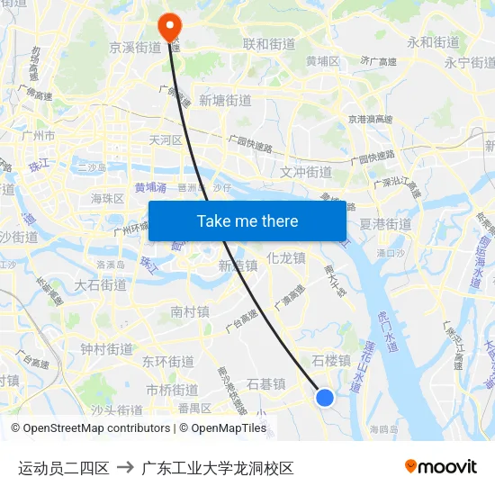 运动员二四区 to 广东工业大学龙洞校区 map