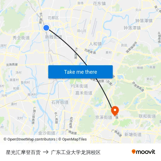 星光汇摩登百货 to 广东工业大学龙洞校区 map