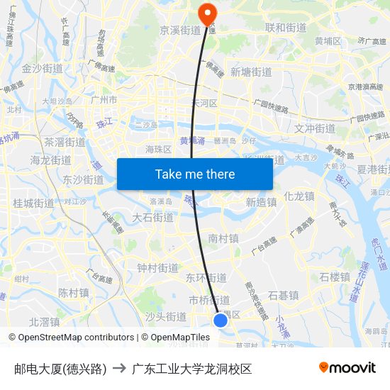 邮电大厦(德兴路) to 广东工业大学龙洞校区 map
