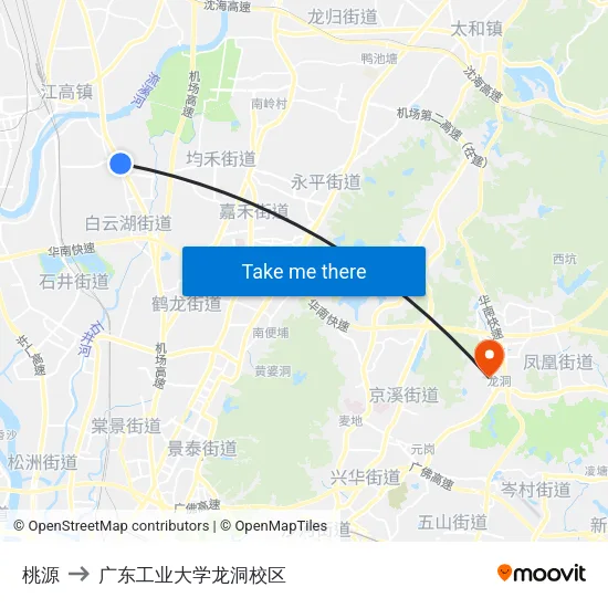 桃源 to 广东工业大学龙洞校区 map
