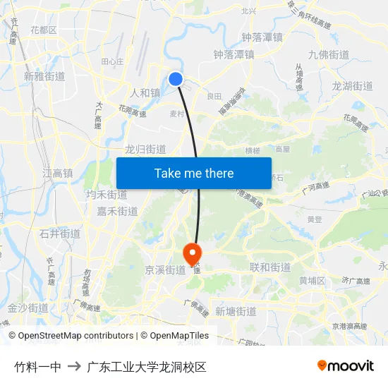 竹料一中 to 广东工业大学龙洞校区 map